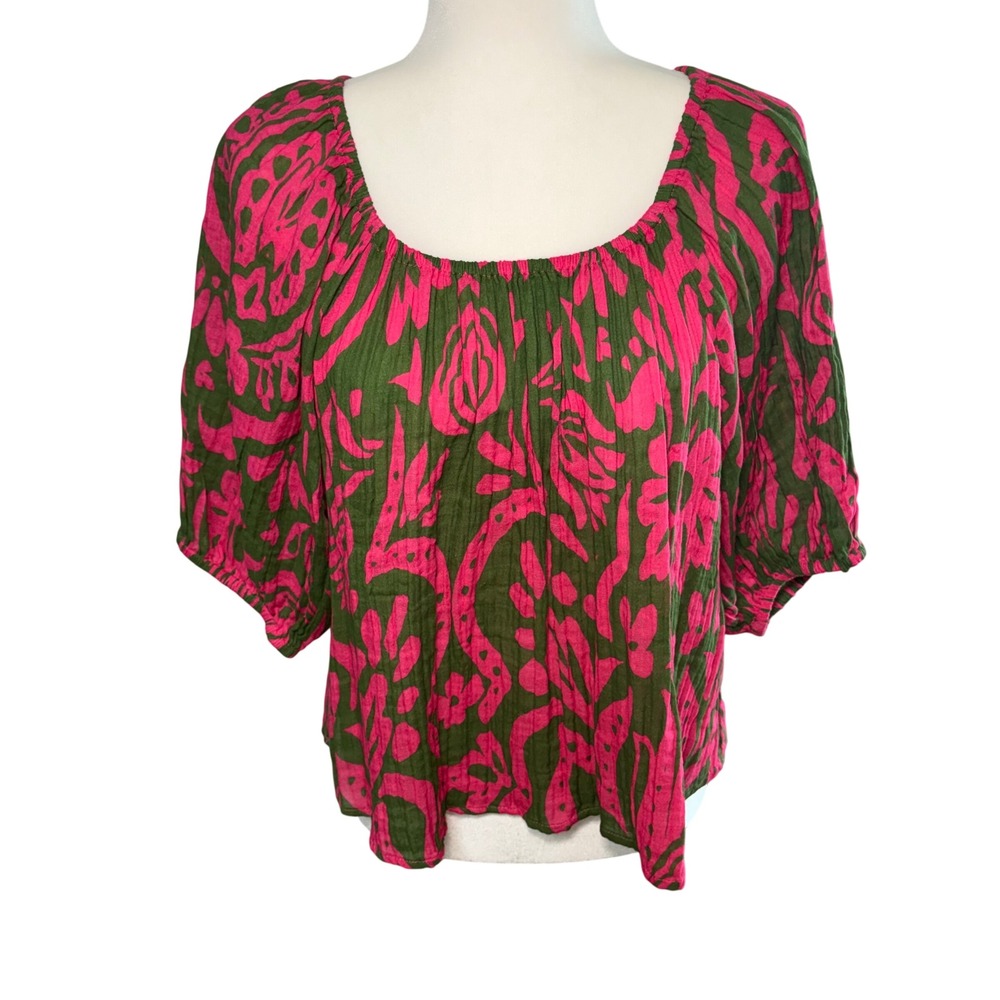 Velvet by Graham & Spencer Pink Olive Green 100% Cotton Top Blouse Womens Small